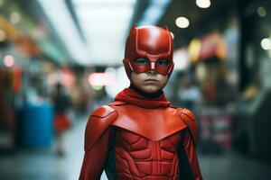 AI generated Boy wearing superhero costume at city street photo