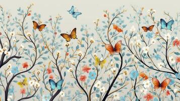 AI generated Drawing of the pattern of wild flowers with their branches and graceful butterflies in bright colors for walls. photo