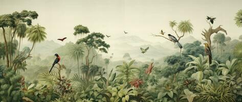 AI generated Vintage Watercolor Mural. Australian Landscape Depicting Tropical Forest Scenes with Animals Amidst the Trees, Capturing the Essence of Old Illustrations in a Large Scale Artwork. photo