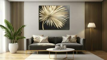 AI generated Abstract textured drawing tropical palm leaves and flower in vintage shaded gold and black oil painting on wall photo