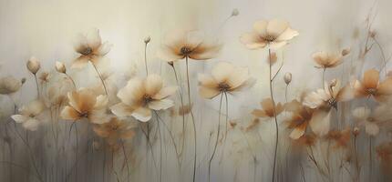 AI generated Mandy Disher Inspired Mural Soft and Dreamy Brown Flowers Painting, Infused with a Serene Pastoral Atmosphere in Light White and Orange Hues. photo