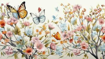 AI generated Drawing of the pattern of wild flowers with their branches and graceful butterflies in bright colors for walls. photo