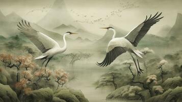 AI generated Japanese Vintage Charm Drawing Wallpaper Featuring a Landscape of Cranes Amidst the Forest, Capturing the Graceful Essence of Nature in a Classic Japanese Style. photo