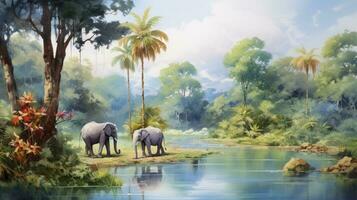 AI generated Watercolour painting style, landscape on an African tropical jungle with trees next to a river with giraffes, elephants and birds, in coordinating colours photo