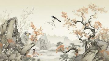 AI generated Chinese Forest Drawing Pattern Wallpaper Showcasing a Serene Forest Landscape with Birds, Butterflies, and Trees, in Harmonious Colors Chinese Style. photo