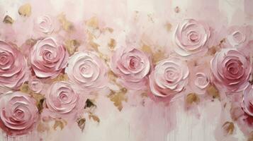 AI generated Flower rose pink abstract, textured, shaded, pink and white leaves with touches of gold, oil painting for wall photo