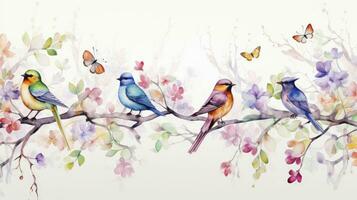 AI generated Watercolor painting pattern of colorful birds standing on tree branches with butterflies and beautiful flowers in a harmonious color photo