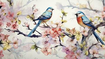 AI generated Watercolor painting pattern of colorful birds standing on tree branches with butterflies and beautiful flowers in a harmonious color photo