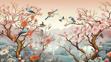 AI generated Chinese Forest Drawing Pattern Wallpaper Showcasing a Serene Forest Landscape with Birds, Butterflies, and Trees, in Harmonious Colors Chinese Style. photo
