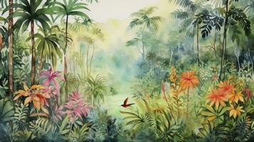 AI generated Watercolour Pattern Wallpaper Painting Capturing the Lush Beauty of the Amazon Forest in a Vibrant and Artistic Display. photo