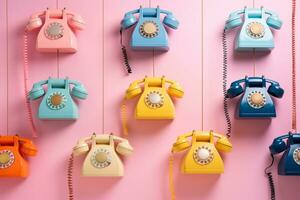 AI generated Colored retro telephones hanging on pink background. photo