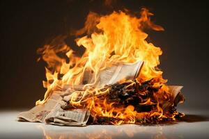 AI generated Burning newspaper with flame photo