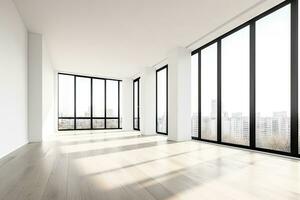 AI Generated Empty modern room with white walls and large windows Minimalist interior design in a luxury apartment The space is clean and contemporary by Generative AI photo