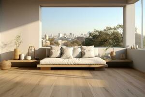 AI Generated Empty modern room with white walls and large windows Minimalist interior design in a luxury apartment The space is clean and contemporary by Generative AI photo