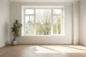 AI Generated Empty modern room with white walls and large windows Minimalist interior design in a luxury apartment The space is clean and contemporary by Generative AI photo