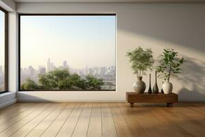 AI Generated Empty modern room with white walls and large windows Minimalist interior design in a luxury apartment The space is clean and contemporary by Generative AI photo