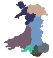 wales Karta. Karta av wales dividerat in i huvud regioner png