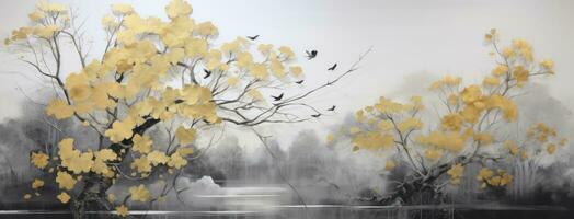 AI generated Gold, Black and White Painting of Trees and Plants Inspired by Naturalistic Landscapes with Delicate Flowers Set Against a Smokey Background to Capture the Essence of Nature. Wall Art photo