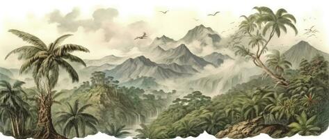 AI generated Forgotten Rainforest Ink and Wash Representation of a Tropical Scenery in the 19th Century French Academy Style. A Mural Depicting Naturalistic Wildlife with Mountains, Birds, and Rivers. photo