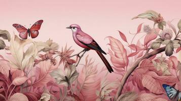AI generated Tropical Wallpaper Pattern Featuring Tropical Leaves, Butterflies, and Birds on an Old Pink Background, Creating a Soothing and Elegant Atmosphere. photo