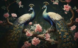 AI generated Baroque and Dramatic Compositions of Peacocks with Flowers in a Dark Room, Accentuated by Tree Trunks in the Background. Mysterious Backdrops Creating Ornate Wall Art Paintings. photo