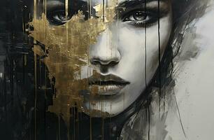 ai generado un negro y blanco escala de grises pintura de un mujer adornado en oro, abrazando oscuro romántico elementos con un resumen y expresivo rostro. pared Arte. foto