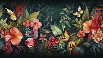 AI generated Tropical Colorful Wallpaper Pattern with Vibrant Tropical Leaves, Butterflies, and Birds on an Aged Texture Background. photo