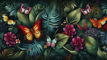 AI generated Tropical Colorful Wallpaper Pattern with Vibrant Tropical Leaves, Butterflies, and Birds on an Aged Texture Background. photo