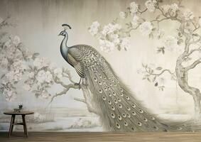 AI generated Poetic Jungle Peacock Wallpaper in White and Bronze, Set Against Mysterious Landscapes with Naturalistic Shadows. photo