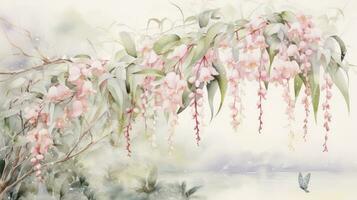 AI generated Ethereal Flora Watercolor Illustration of Drooping Eucalyptus Leaves, Pink and White Weeping Lily of the Valley, Adorned with Butterflies and Hummingbirds. photo