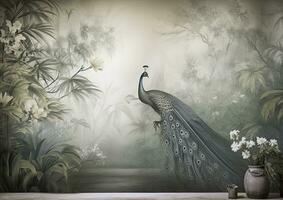 AI generated Poetic Jungle Peacock Wallpaper in White and Bronze, Set Against Mysterious Landscapes with Naturalistic Shadows. photo