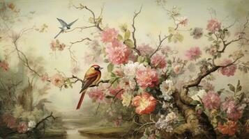 AI generated Oil painting in vintage style, a landscape of forest tree branches with flowers, fruits, birds and butterflies used for wall decor. photo