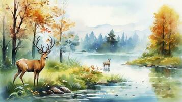 ai generado otoño bosque acuarela pintura capturar el tranquilo belleza de un primavera paisaje, presentando árboles, flores silvestres, y un sereno lago con ciervo. un ingenioso representación Perfecto para interior foto