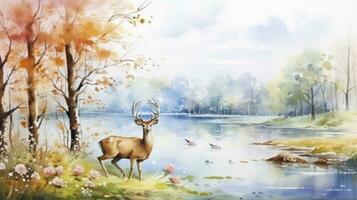 AI generated Autumn Forest Watercolor Painting Capturing the Tranquil Beauty of a Spring Landscape, Featuring Trees, Wildflowers, and a Serene Lake with Deer. An Artful Depiction Perfect for Interior photo