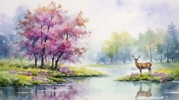 AI generated Autumn Forest Watercolor Painting Capturing the Tranquil Beauty of a Spring Landscape, Featuring Trees, Wildflowers, and a Serene Lake with Deer. An Artful Depiction Perfect for Interior photo