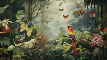 AI generated Tropical Wallpaper Featuring a Jungle with Leaves, Parrots, Birds, and Butterflies in an Old Drawing Vintage Style, Creating a Timeless and Artistic Background. photo