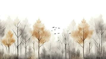 AI generated Watercolor drawing forest pattern landscape of dry trees in autumn with birds and fog background photo