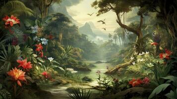 AI generated Riverside Retreat Wallpaper Showcasing a Tropical Forest with Leaves, Birds, Butterflies, and a Tranquil River, Rendered in an Old Drawing Vintage Style for a Timeless Background. photo