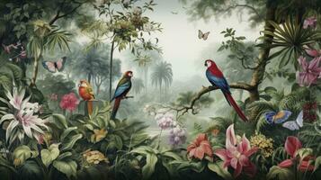 AI generated Wallpaper jungle and leaves tropical forest mural parrot and birds butterflies old drawing vintage background photo