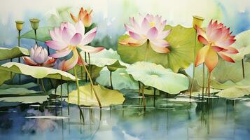AI generated Watercolour painting of lotus flowers and leaves in water in an influential and harmonious style of colours photo