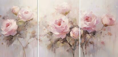 AI generated Golden Rose Trio Set of 3 Watercolor Framed Wall Art Pieces, Capturing the Elegance of Pink Roses in Gold Tones, Evoking the Essence of Timeless Oil Paintings. photo