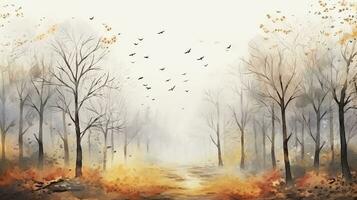 AI generated Watercolor drawing forest pattern landscape of dry trees in autumn with birds and fog background photo