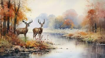 AI generated Watercolor painting forest in autumn with trees and wildflowers with deer in the lake a landscape for the interior art drawing photo