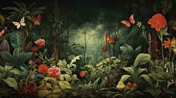 AI generated Tropical Wallpaper Featuring a Jungle of Leaves, Tropical Forest Birds, and Butterflies, Crafted in an Old Drawing Vintage Style, Perfect for Wall Art. photo