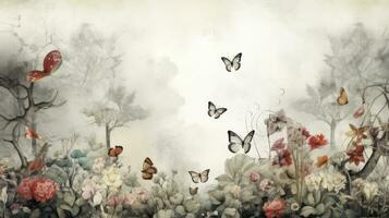 AI generated Wallpaper forest mural flower and leaves and butterflies old drawing vintage background for wall photo