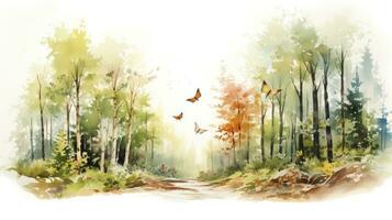 ai generado acuarela pintura de un bosque paisaje con aves, mariposas y árboles, en colores Clásico consistente estilo foto