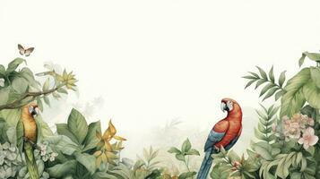 AI generated Jungle Wallpaper Illustrating a Tropical Forest with Leaves, Parrots, Birds, and Butterflies in an Old Drawing Vintage Style, Creating a Timeless and Serene Background. photo