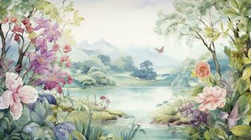 ai generado fondo de pantalla presentando un acuarela pintura de un bosque paisaje con un sereno lago, floreciente plantas, imponente árboles, elegante rosas, agraciado aves, y intrigante insectos foto