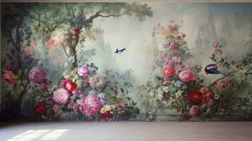 ai generado fondo de pantalla pintura de bosque paisaje con plantas, hojas, rosas, aves, pavos reales, mariposas y insectos para interior murales pared Arte decoración. foto