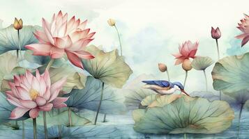 AI generated Watercolor wallpaper pattern landscape of lotus flower with kingfisher with pink background photo